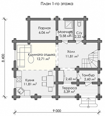 Проект двухэтажного дома с с/у с душем и парной комнатой на первом этаже / План 1 этажа