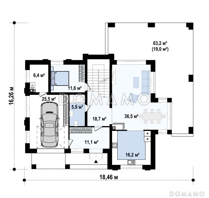 Проект двухэтажного дома с крытой террасой, гаражом, большой кухней и гостиной,  балконами / План 1 этажа
