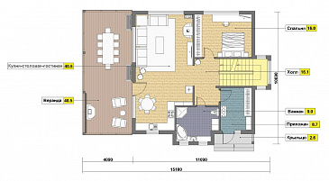 Проект дома из кирпича с цокольным этажом и небольшим бассейном / План 1 этажа