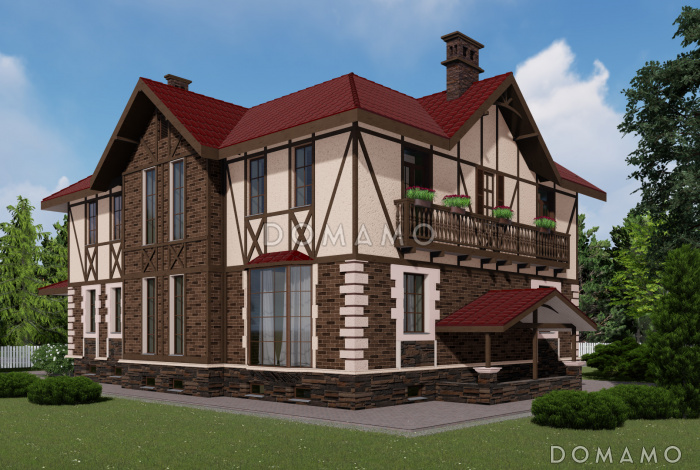 Проект двухэтажного дома в стиле фахверк с подвалом и лаундж-зоной