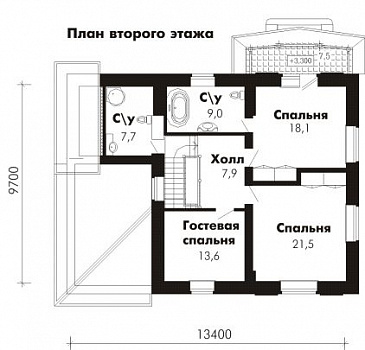Проект дома из пеноблоков с гостевой комнатой на первом этаже и гаражом для одного автомобиля / План 2 этажа