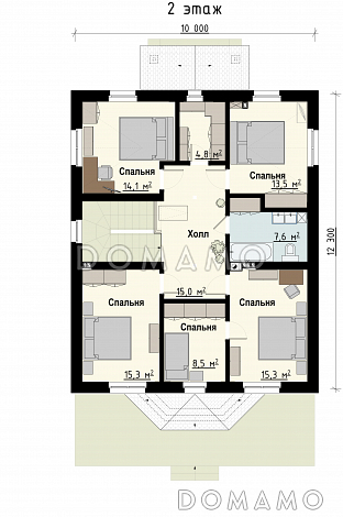 Проект загородного дома с террасой, гостиной с эркером, сауной, пятью спальнями на мансардном этаже / План мансардного этажа