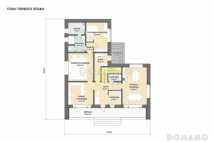 Проект двухэтажного дома из газобетона с сауной, террасой барбекю и балконом / План 1 этажа