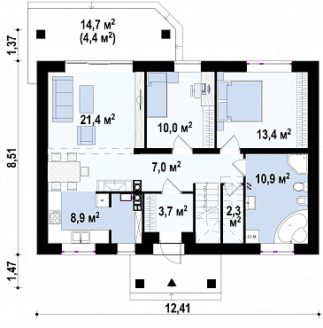 Проект мансардного дома из газобетона с острой крышей, с тремя спальнями и небольшой крытой террасой / План 1 этажа