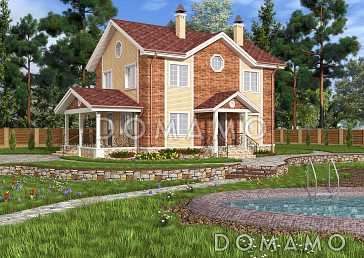 Проект двухэтажного коттеджа с террасой и двухцветной облицовкой