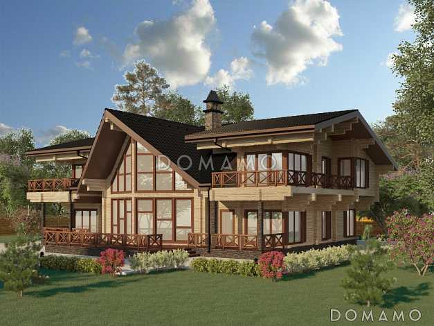 Проект двухэтажного дома из клеенного бруса со вторым светом и двумя балконами