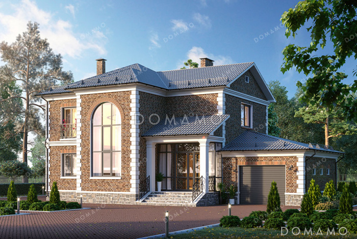 Проект двухэтажного дома с панорамным светлым окном и французским балконом в классическом стиле с эркером