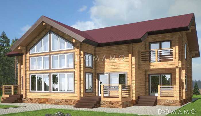 Проект двухэтажного дома из клееного бруса с тремя небольшими террасами на первом этаже