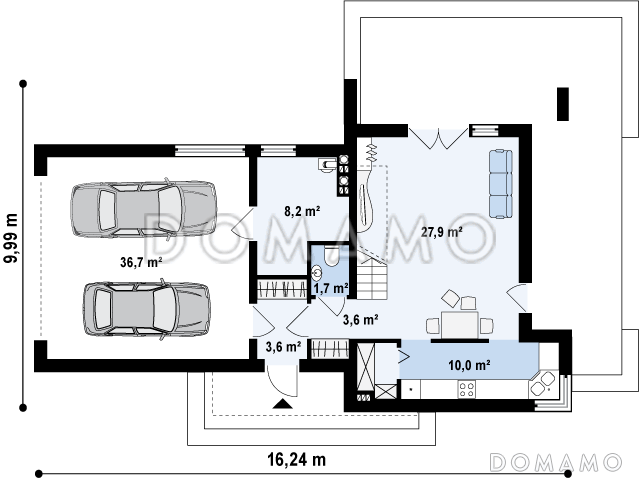 Проект современного двухэтажного дома из газобетона с тремя спальнями, пристроенным гаражом и террасой над ним / План 1 этажа