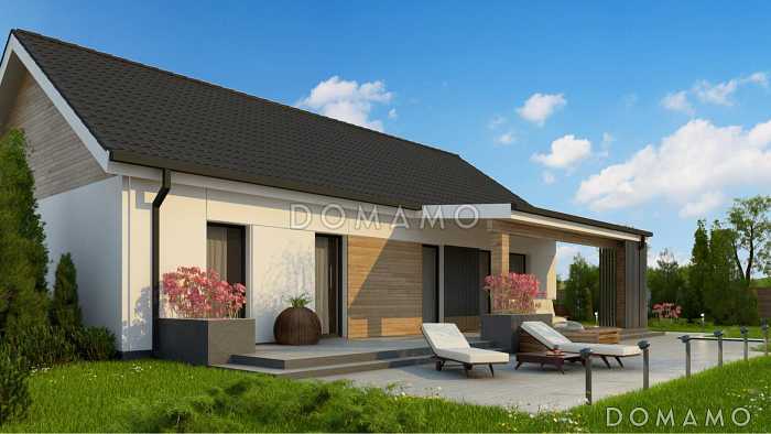 Проект одноэтажного дома с разделением спален и дневной зоны, террасой, угловой кухней