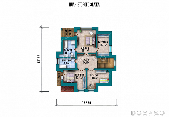 Проект дома с мастер-спальней, постирочной, двумя балконами, верандой и террасой / План мансардного этажа