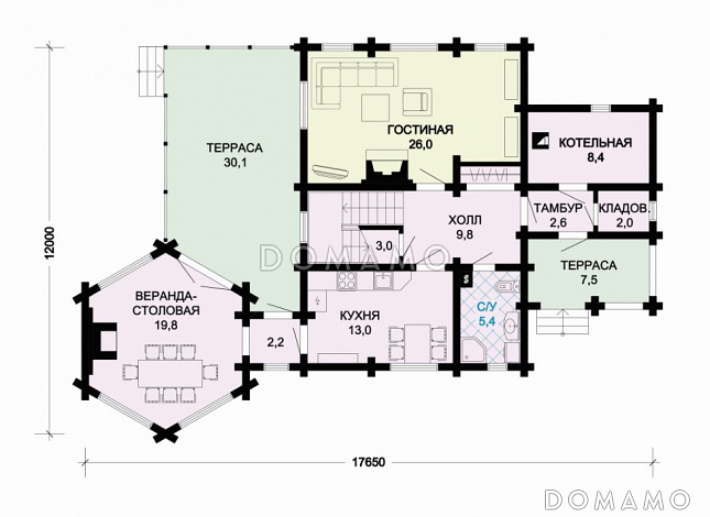 Проект уютного дома с тремя спальнями и необычной столовой-верандой / План 1 этажа