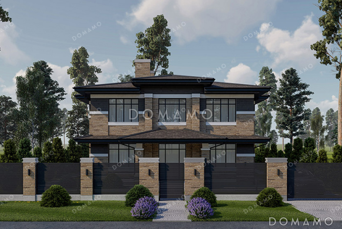 Проект большого двухэтажного дома с подвалом в стиле Райт с комбинированной отделкой и широкой кровлей