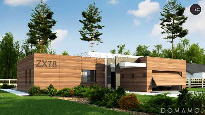 Проект просторного современного одноэтажного дома из газобетона с плоской крышей с тремя спальнями, крытой террасой и гаражом