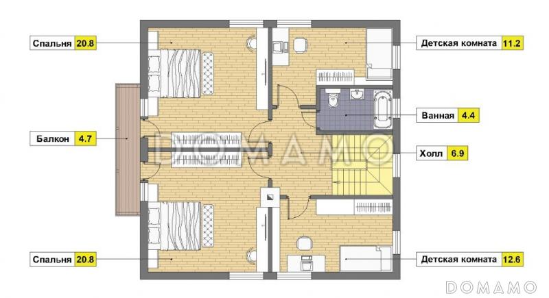 Проект дома из газобетона с большой открытой террасой / План мансардного этажа