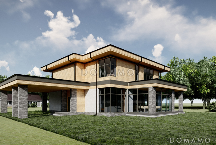 Проект просторного дома с навесом, верандой, сауной, 4 спальнями и кабинетом