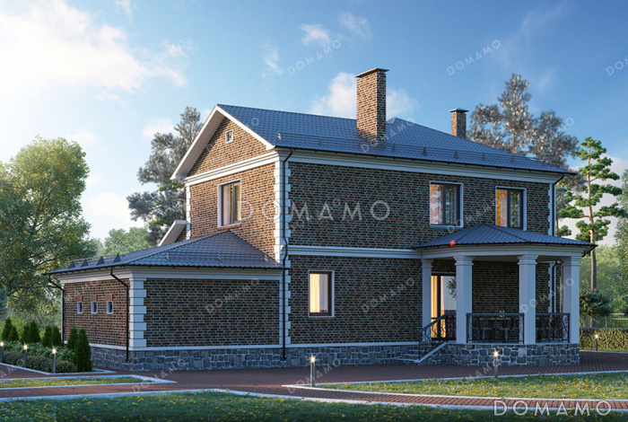 Проект двухэтажного дома с панорамным светлым окном и французским балконом в классическом стиле с эркером