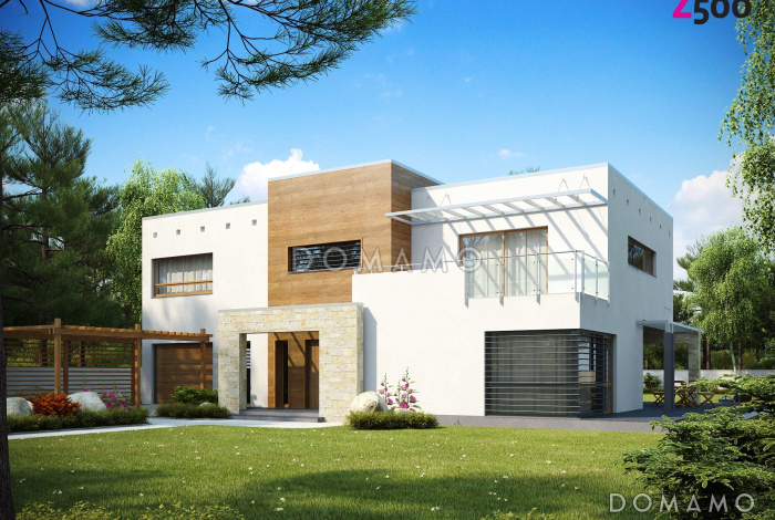 Проект современного двухэтажного дома в стиле хай-тек из кирпича с плоской крышей, гаражом и балконом