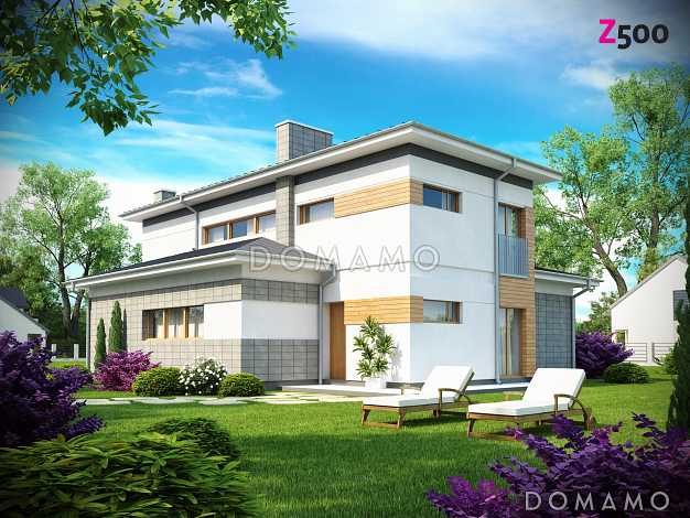 Проект современного двухэтажного дома из кирпича с четырьмя спальнями и пристроенным гаражом