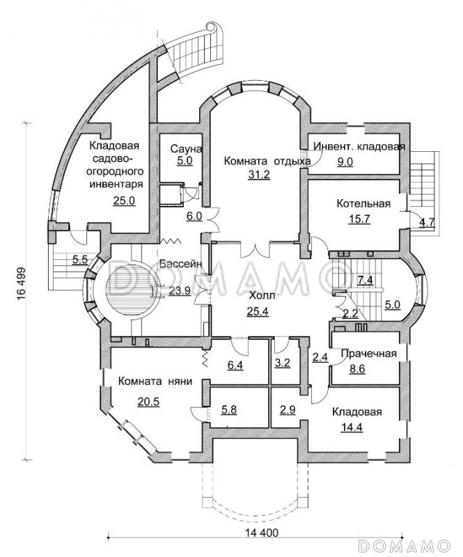 Проект коттеджа в стиле модерн с парадным балконом / План цокольного этажа