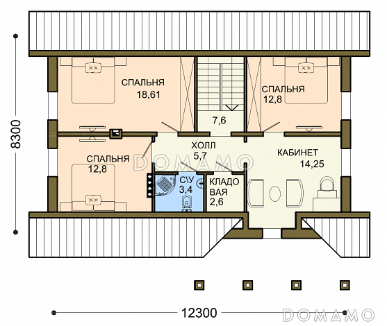 Проект коттеджа с двумя кладовыми и вытянутым крыльцом / План мансардного этажа