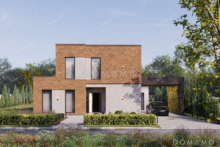 Проект двухэтажного современного дома с плоской крышей и навесом для авто