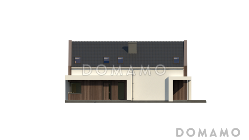 Проект комфортного одноэтажного мансардного дома из кирпича для двух семей / Фасад 1