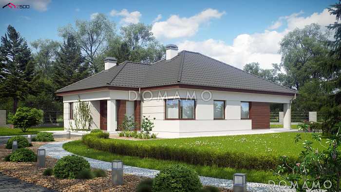 Проект одноэтажного дома с приватной спальной зоной, кабинетом, большой гостиной, террасой