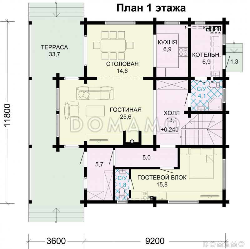 Проект дома из бруса с гостевым блоком / План 1 этажа