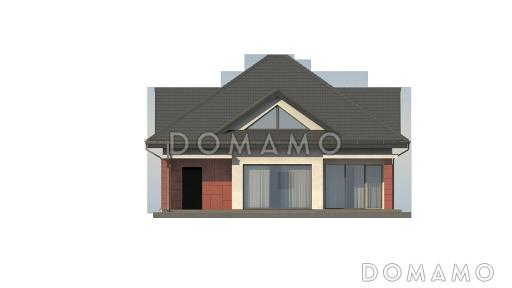 Проект одноэтажного мансардного коттеджа из кирпича с большой площадью остекления в гостиной, кабинетом и гаражом / Фасад 4