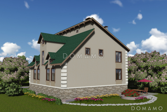 Проект одноэтажного дома с мансардным и цокольным этажами с эркером