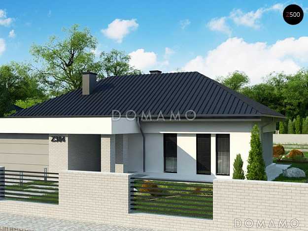 Проект комфортного одноэтажного дома из газобетона с панорамным остеклением обеденной зоны и гаражом