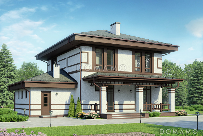 Проект двухэтажного газобетонного дома с гаражом,, масштабным остеклением и двумя террасами