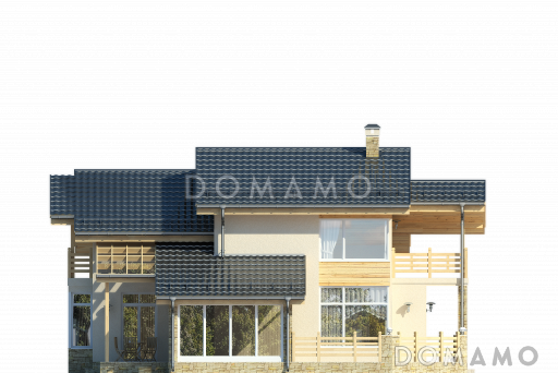 Проект дома с большой открытой террасой, зимним садом, гостиной с камином, кухней с эркером, спальней на первом этаже, вторым светом, балконом / Фасад 2