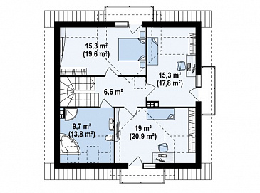 Проект одноэтажного мансардного дома из кирпича с кабинетом, эркером и балконом / План мансардного этажа