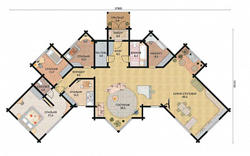 Проект одноэтажного деревянного дома из клееного бруса сложной формы / План 1 этажа