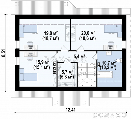 Проект мансардного дома из кирпича с острой крышей, с тремя спальнями и небольшой крытой террасой / План мансардного этажа