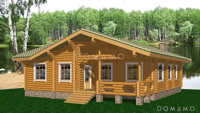 Проект одноэтажного коттеджа из бревна с террасой