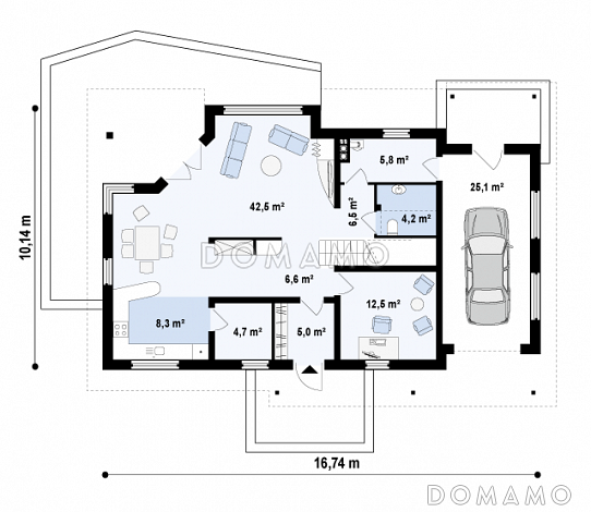 Проект одноэтажного мансардного дома из газобетона со встроенным гаражом и угловой террасой / План 1 этажа