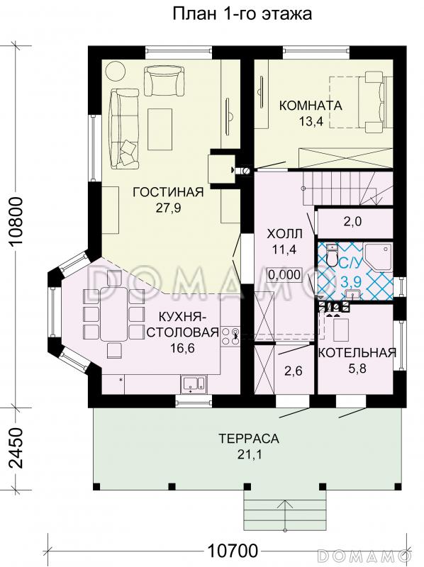 Проект загородного дома с крытой террасой и просторными спальными комнатами из SIP панелей / План 1 этажа