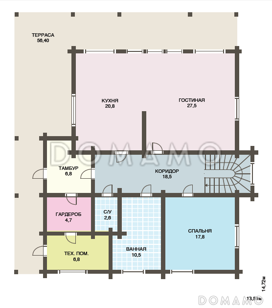 Проект дома из клееного бруса с просторным балконом на втором этаже / План 1 этажа