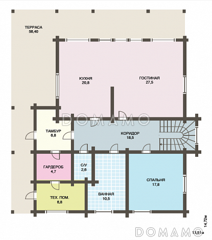 Проект дома из клееного бруса с просторным балконом на втором этаже / План 1 этажа