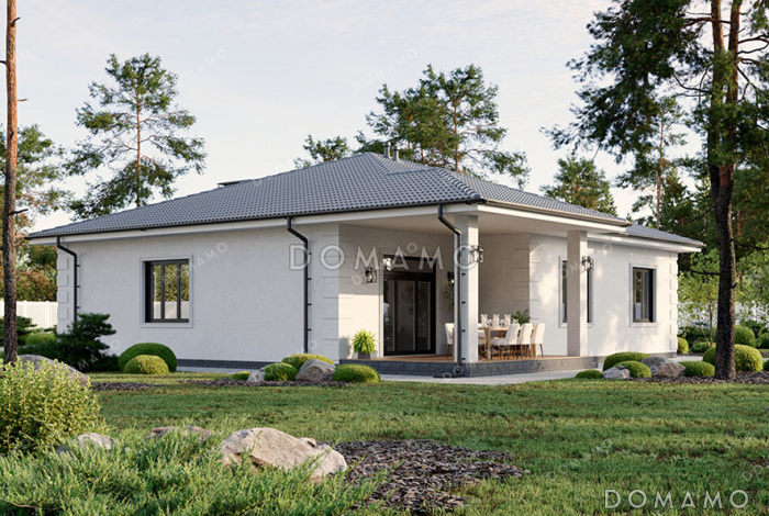 Проект одноэтажного дома с четырьмя спальнями, просторной гостиной-столовой и терасой