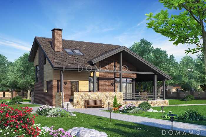 Проект дома с крытой террасой, навесом для автомобиля, вторым светом в гостиной