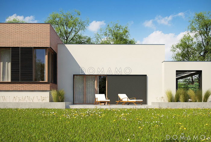 Проект современного одноэтажного дома из кирпича с плоской крышей с тремя спальнями и подземным гаражом