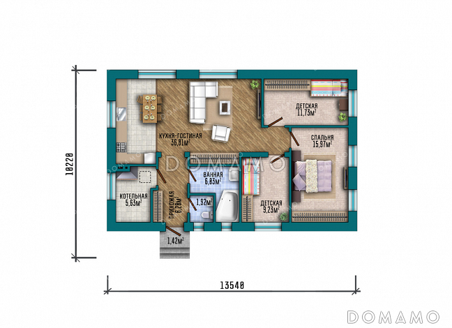 Проект простого дома с тремя спальнями, котельной и кухней-гостиной / План 1 этажа