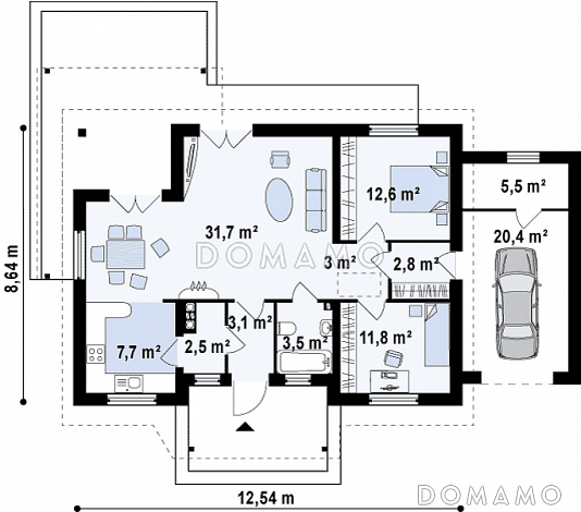 Проект компактного одноэтажного дома из газобетона с двумя спальнями с возможностью обустроить мансарду и гаражом / План 1 этажа