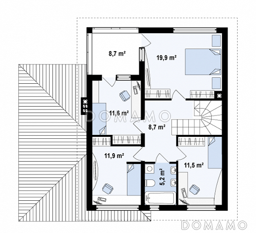 Проект современного каркасного двухэтажного дома с четырьмя спальнями, кабинетом и пристроенным гаражом / План 2 этажа