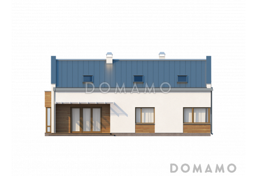 Проект просторного современного мансардного дома из газобетона с пятью комнатами, эркером и террасой над гаражом / Фасад 2