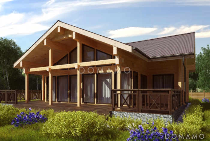 Проект дома из клееного бруса с большим холлом на мансардном этаже